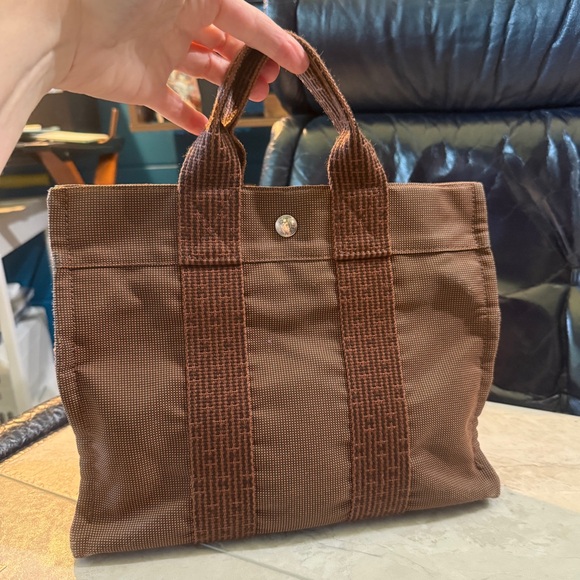Hermes Canvas Herline MM Tote light brown luxury vintage - Picture 5 of 5